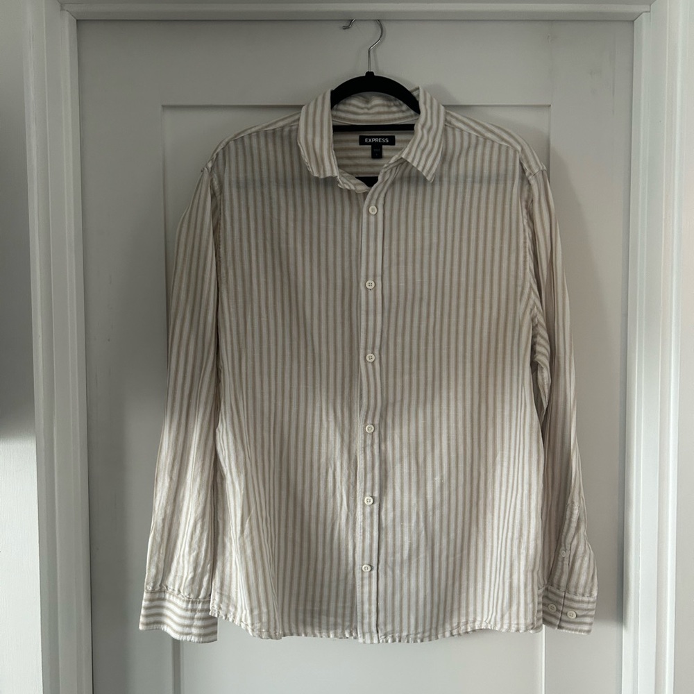 Express Men's Striped Button Down - Beige